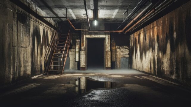 Eerie abandoned basement interior featuring a stairwell and water reflection - Powered by Adobe