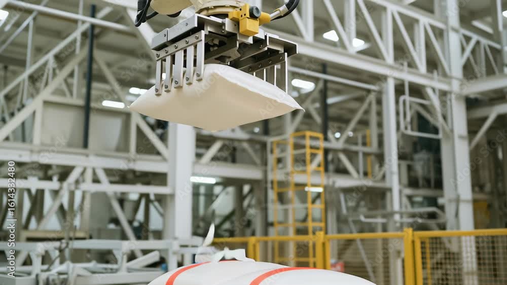 Poster rice production mill with automated machinery stacking sacks for efficient packaging in clean indust