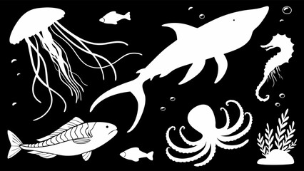 Silhouetted Marine Life Including Fish, Shark, Octopus, and Jellyfish Against