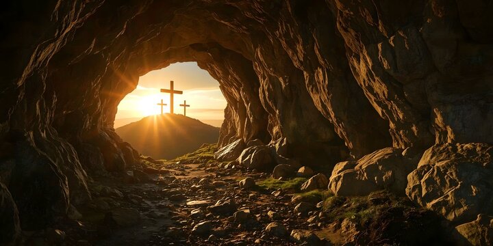 View from the Empty Tomb to Three Crosses at Sunrise Symbolizing the Resurrection of Jesus Christ