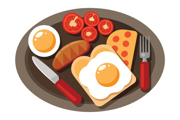 Illustrated Breakfast Plate Fried Eggs, Sausage, Cheese, Tomatoes, Knife and Fork
