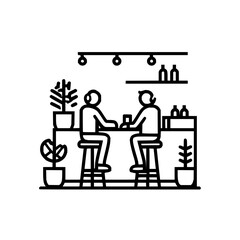 Fototapeta premium Two people sitting at a bar counter with plants and bottles on shelves in a minimalist black and white style
