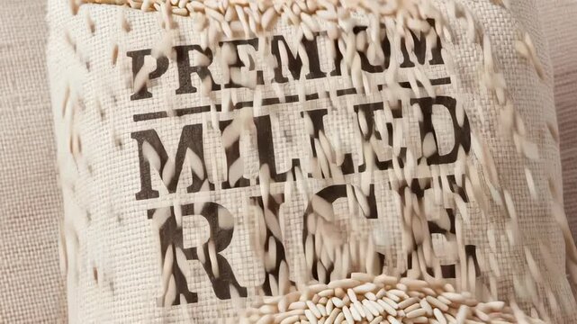 Premium milled rice grain pouring into sack for mill production process in agriculture harvest food storage with natural texture and soft lighting