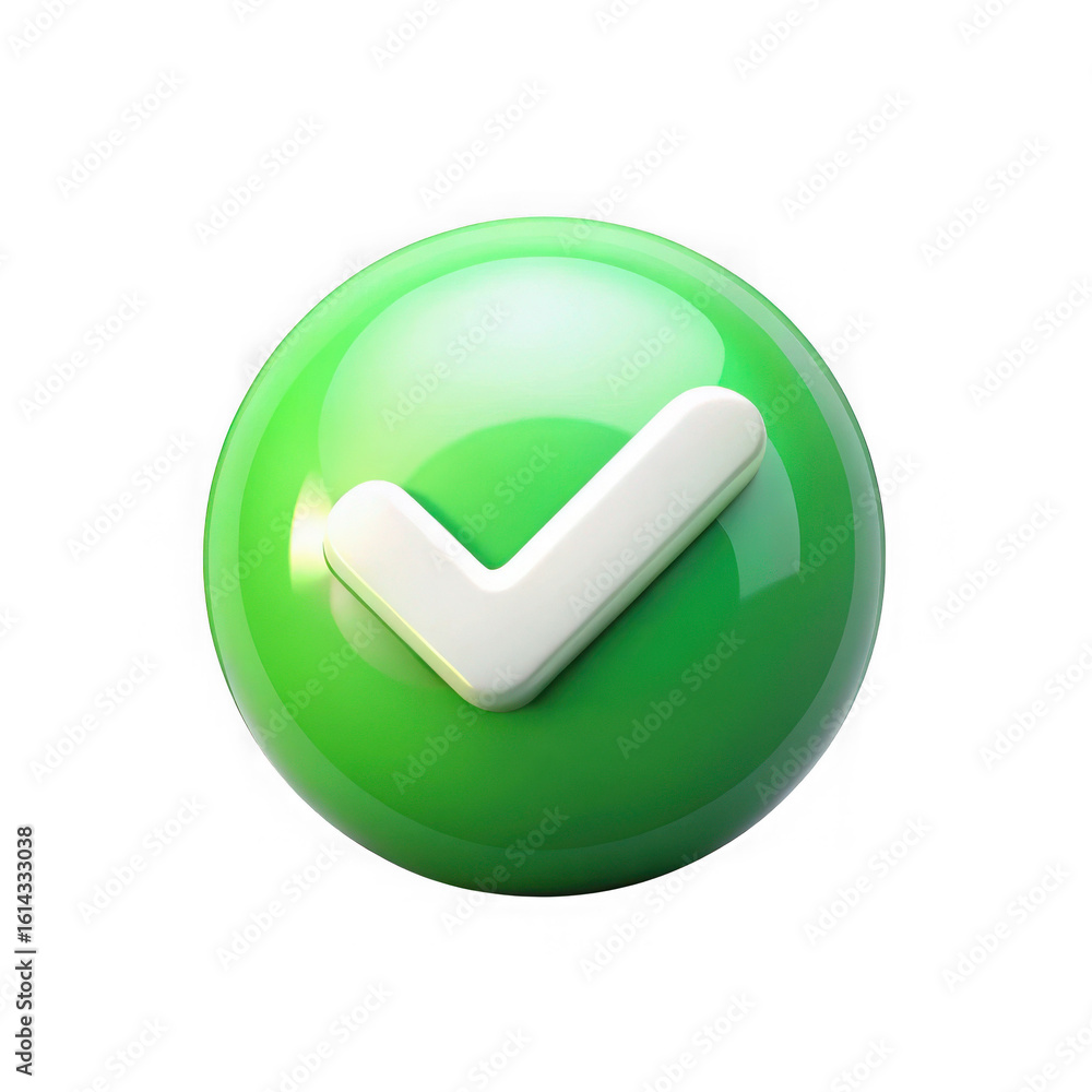 Poster glossy green sphere with white check mark symbol isolated on transparent background