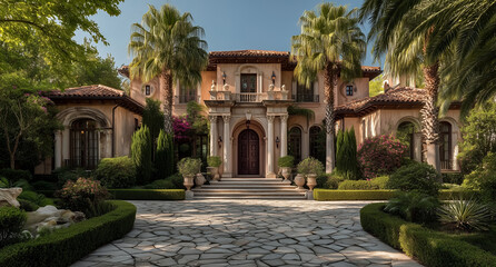 Fototapeta premium Luxurious Mediterranean Mansion With Palm Trees, Arched Windows and Symmetrical Garden Entrance