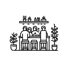 Naklejka premium Line art illustration of people sitting at a table with plants and bottles on a shelf behind them