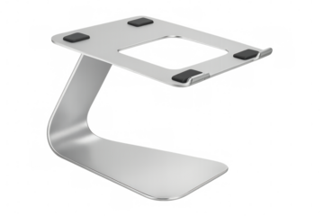 Sleek aluminum stand elevating laptop for improved ergonomics and airflow, on transparent background