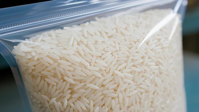 Rice grain packed resealable plastic bag for food storage or packaging after production from rice mill ensuring quality and freshness for grain