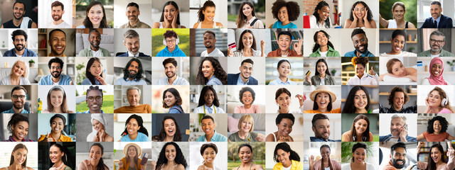This captivating collage features a joyful array of multiracial individuals expressing happiness...