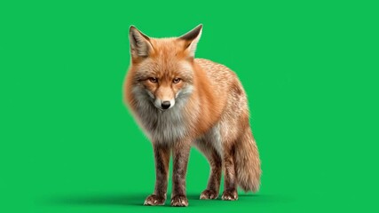 A red fox standing upright with a green background looking directly at the camera view point green screen animal video