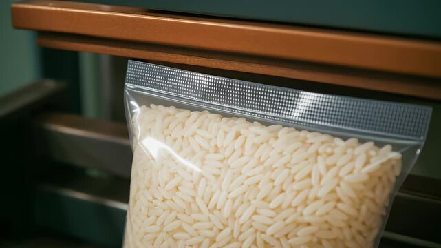 Rice grain packed in transparent plastic bag for food packaging and production at rice mill with clean, neat appearance ready for storage or sale
