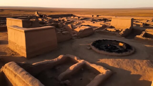 An aerial perspective showcases the intricate ruins of an ancient archaeological site, revealing the rich history and cultural heritage of a bygone civilization in the desert