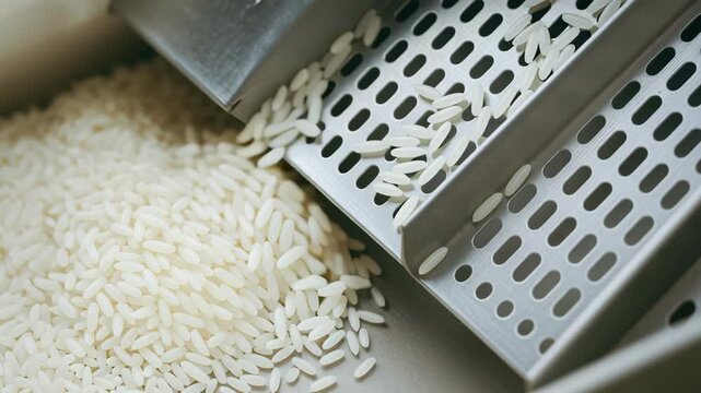 Rice grain production process mill with white polished rice flowing through stainless steel metal machinery for efficient grain processing and sorting