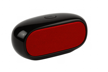 Compact black and red wireless speaker resting on clean background, showcasing modern audio design for portable music enjoyment