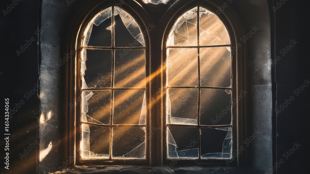 Poster broken window panes with ethereal light beams casting architectural shadows