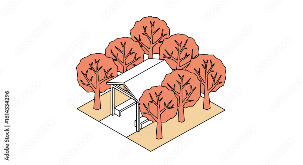 Poster trees surrounding a small building in a natural setting