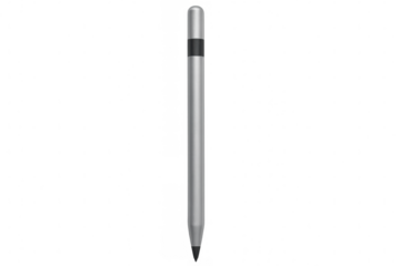 Silver stylus pen with black stripe detail, isolated on transparent background, ready for graphic design projects