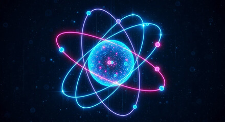 Atomic structure. Stylized image of an atom in neon tones.