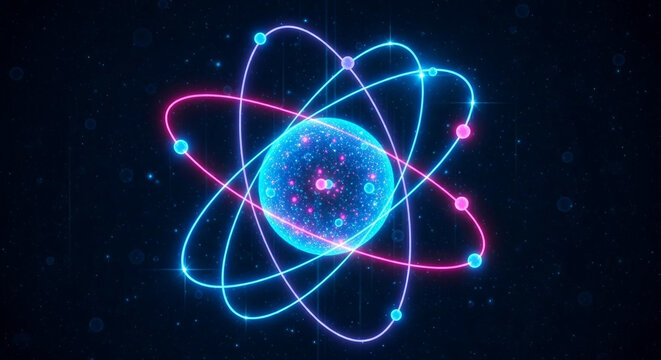 Atomic structure. Stylized image of an atom in neon tones.
