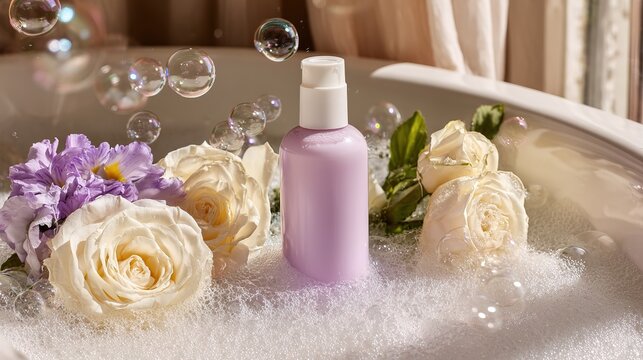 Matte-lavender pump bottle with white roses in iridescent bubble bath, golden haze curtain glow for luxury hydration product launch - Powered by Adobe