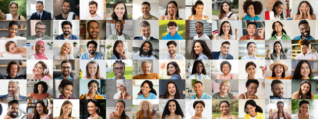 A vibrant collection of diverse individuals smiles brightly, showcasing their happiness. Each face...