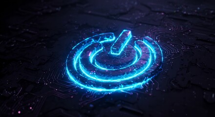 Cyberpunk Power Button: Glowing Neon Symbol on Futuristic Circuit Board Background