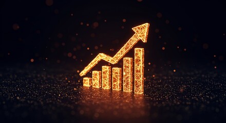 Abstract glowing bar graph, upward trend, financial growth, digital success, dark background, modern technology, business concept.