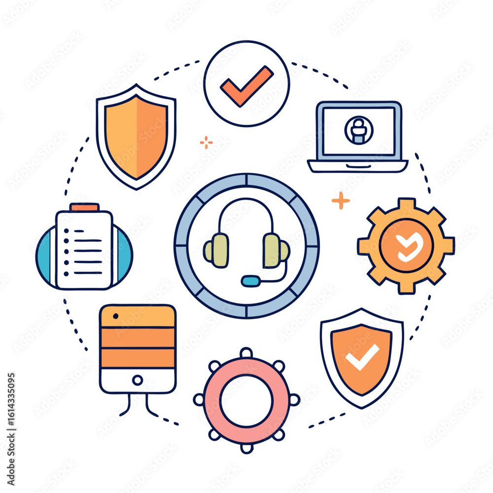 Poster customer support and service operations with technology and security icons arranged in a circle