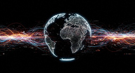 Global Network Data Stream: Futuristic Earth with Energetic Light Trails and Digital Code.