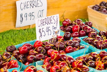 Fresh cherries in pint baskets at farm stand
