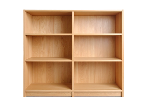 Bright oak wooden bookcase with six empty shelves. Suitable for interior design, furniture catalogs, home decor articles. Add warmth and sophistication to any room setting with this bookcase.