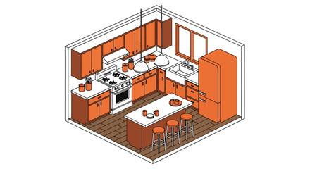 Obraz premium Orange kitchen interior isometric view modern home cooking