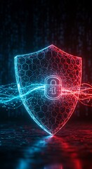 Cybersecurity Shield: Futuristic Red and Blue Neon Network Protection Concept