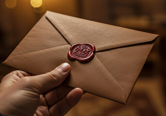 Vintage Brown Leather Envelope in Hand with Wax Seal