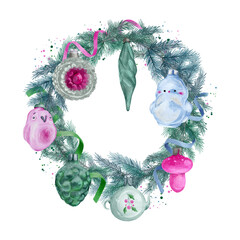 A New Year's wreath made of green spruce branches, decorated with antique Christmas tree toys.