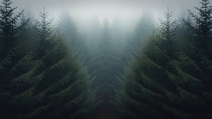 Obraz premium Dense conifer forest shrouded in atmospheric mist for an ethereal view