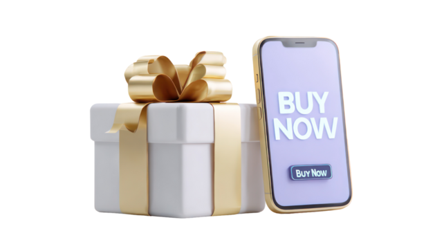 Floating smartphone gift box and Buy Now text transparent background