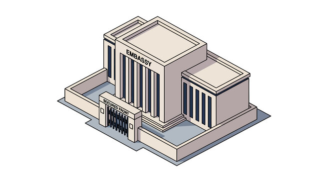 Embassy building isometric view secured front entrance