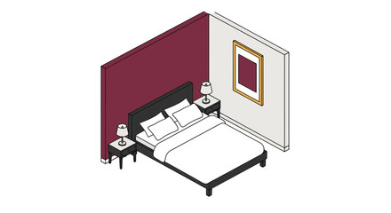 Bedroom interior with bed, lamps, and artwork