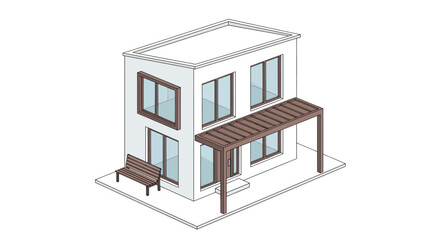 Modern house facade with porch and bench isometric view