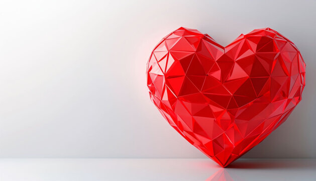 Red heart in low poly design with gradient background with space for text