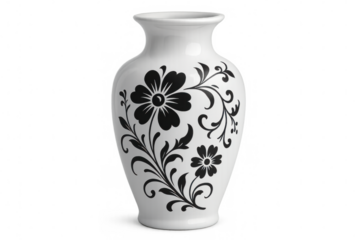 Ceramic vase featuring black floral swirls against white background, highlighting contemporary minimalist decor aesthetic