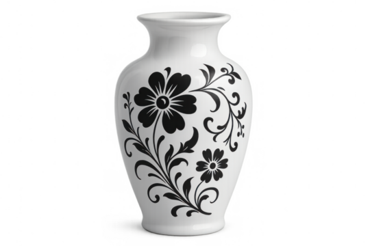 Ceramic vase featuring black floral swirls against white background, highlighting contemporary minimalist decor aesthetic - Powered by Adobe