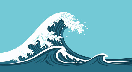Stylized Ocean Wave Illustration with Blue Sky Backdrop, Depicting Powerful Surge and Serenity in a Harmonious Composition