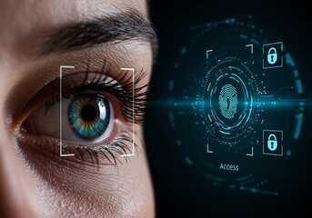 Iris Scan Biometric Authentication: Futuristic Eye Close-up with Digital Security Interface