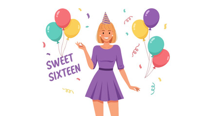 Celebrating Sweet Sixteen Birthday with Confetti and Balloons: A Joyful Cartoon Illustration