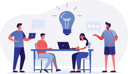 Illustration of a group of people collaborating around a table with a lightbulb above them