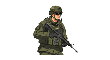 Cartoon soldier in military uniform holding rifle isolated on white background, detailed illustration for army concept design