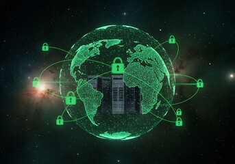 Global Network Security:  Secure Data Servers Protected by Advanced Encryption, Futuristic Style.