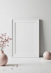 Minimalist White Frame Mockup: Blush Pink Accents, Modern Home Decor, Blank Canvas
